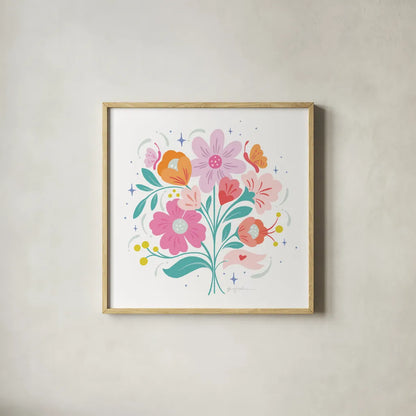 Bright Bouquet I by Gia Graham. Shown in a natural wood glass frame for a timeless modern aesthetic. Available as an archival giclee rolled canvas, fine art paper, or poster print. SKU 75086a.
