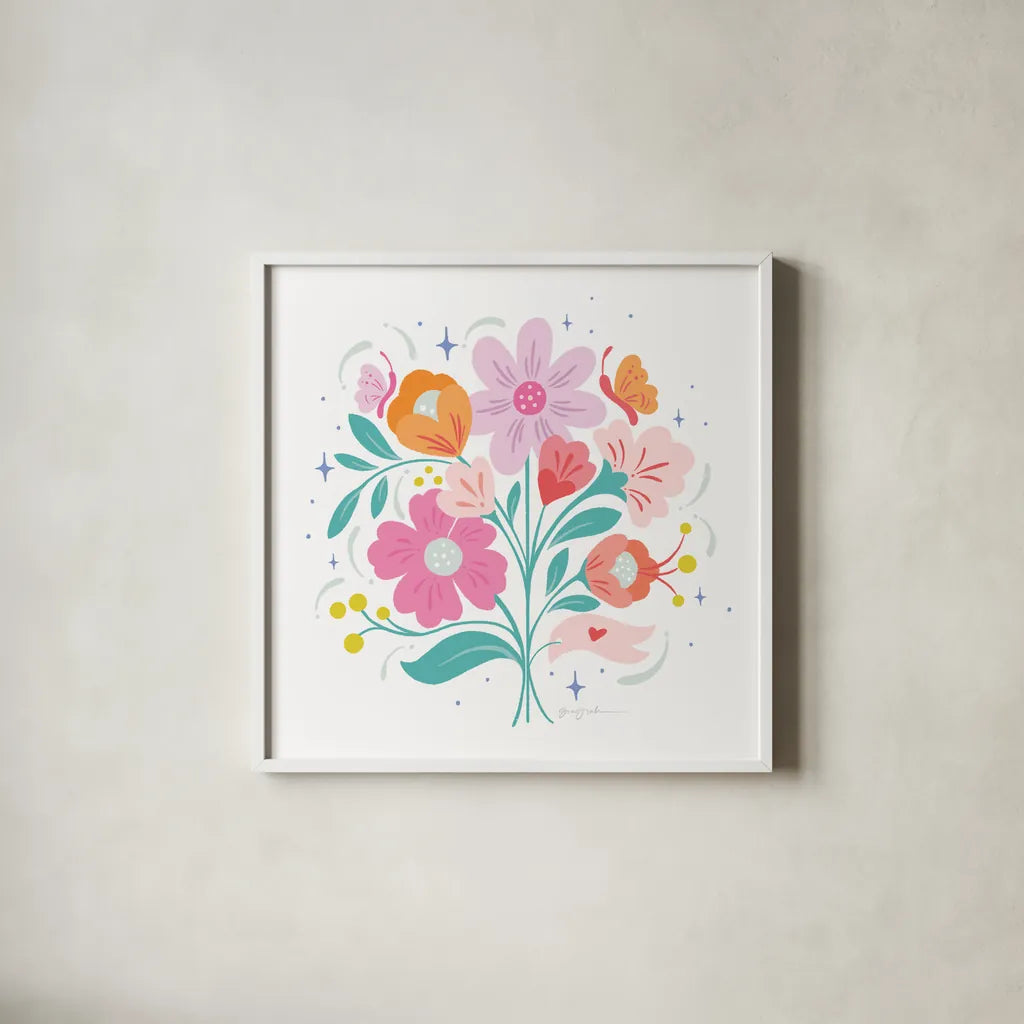 Bright Bouquet I by Gia Graham. Shown in a crisp white glass frame for a clean and minimalist style. Available as an archival giclee rolled canvas, fine art paper, or poster print. SKU 75086a.