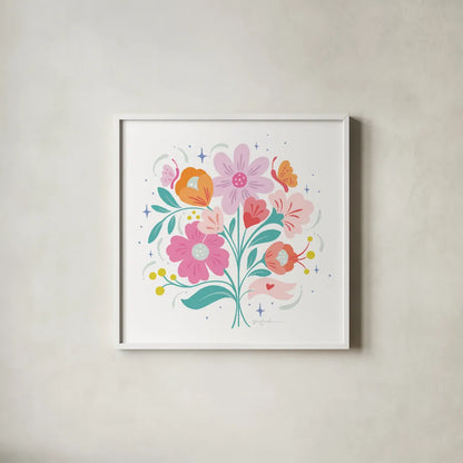 Bright Bouquet I by Gia Graham. Shown in a crisp white glass frame for a clean and minimalist style. Available as an archival giclee rolled canvas, fine art paper, or poster print. SKU 75086a.
