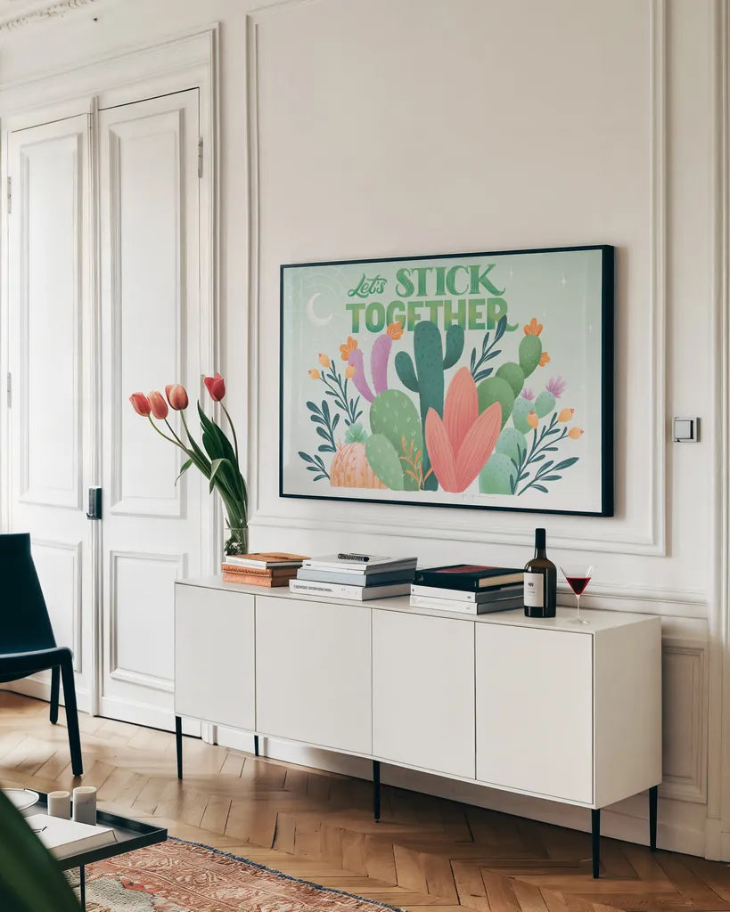 Cactus Garden I by Gia Graham. shown as a framed stretched canvas in a living room above a console. Available as a archival giclee rolled canvas, fine art paper, or poster print. SKU 87267i.