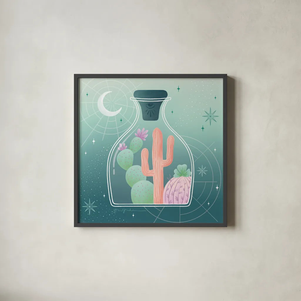 Cactus Garden III by Gia Graham. Shown in a sleek black glass frame for a contemporary gallery look. Available as an archival giclee rolled canvas, fine art paper, or poster print. SKU 87269a.