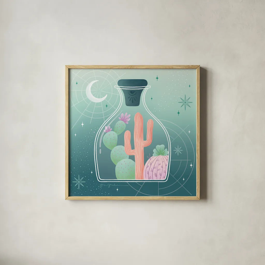 Cactus Garden III by Gia Graham. Shown in a natural wood glass frame for a timeless modern aesthetic. Available as an archival giclee rolled canvas, fine art paper, or poster print. SKU 87269a.