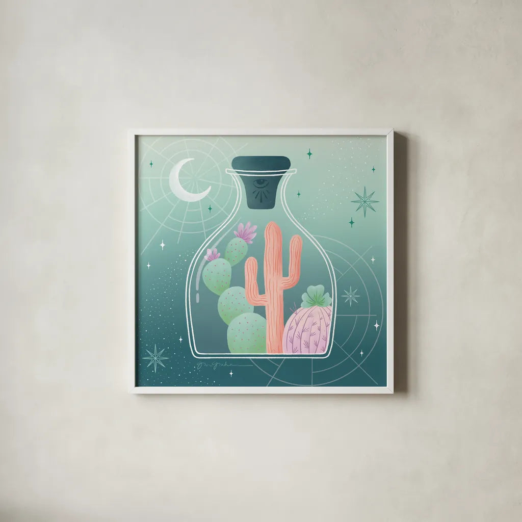Cactus Garden III by Gia Graham. Shown in a crisp white glass frame for a clean and minimalist style. Available as an archival giclee rolled canvas, fine art paper, or poster print. SKU 87269a.