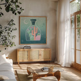 Cactus Garden III by Gia Graham. Shown in a natural wood frame in a cozy modern living room. Available as an archival giclee rolled canvas, fine art paper, or poster print. SKU 87269a.