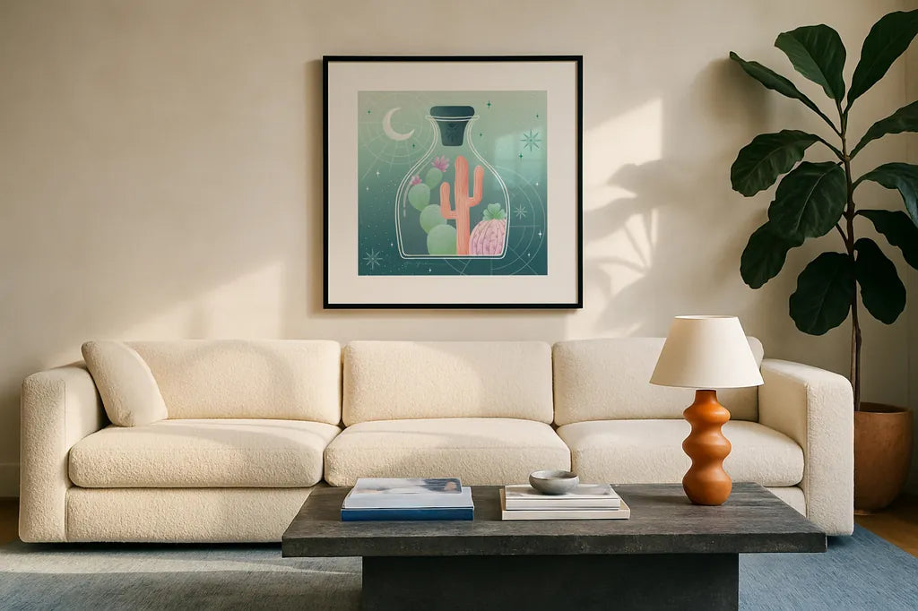 Cactus Garden III by Gia Graham. Displayed in a glass frame with matte in a clean modern living room. Available as an archival giclee rolled canvas, fine art paper, or poster print. SKU 87269a.