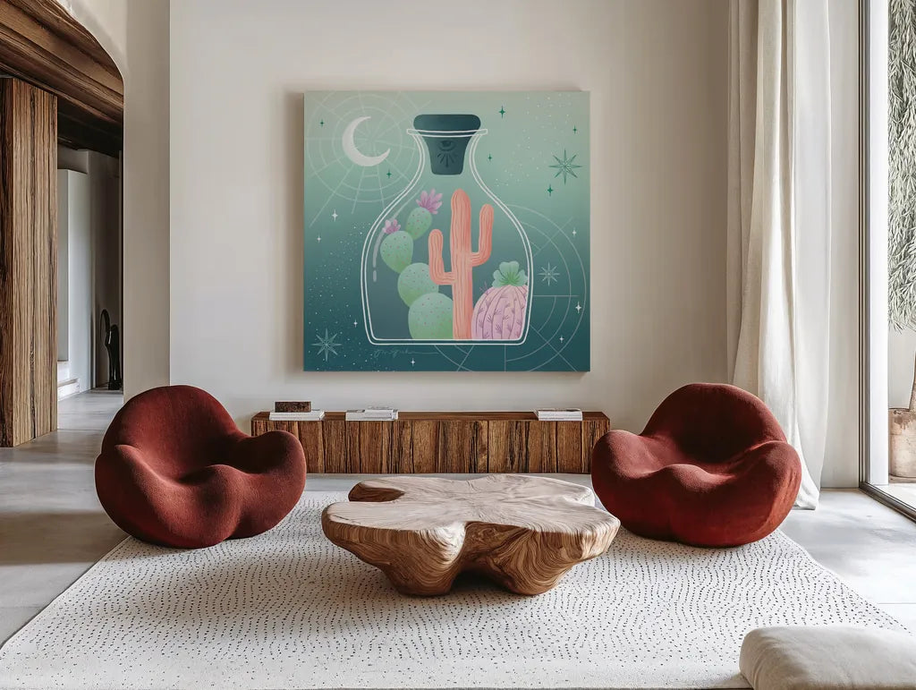 Cactus Garden III by Gia Graham. Shown as extra-large giant wall art in a modern living room. Available as an archival giclee rolled canvas, fine art paper, or poster print. SKU 87269a.