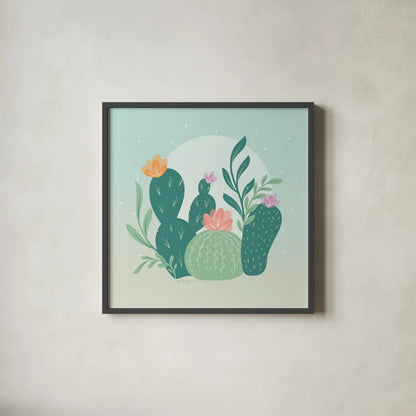 Cactus Garden IV by Gia Graham. Shown in a sleek black glass frame for a contemporary gallery look. Available as an archival giclee rolled canvas, fine art paper, or poster print. SKU 87270a.