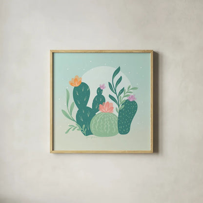 Cactus Garden IV by Gia Graham. Shown in a natural wood glass frame for a timeless modern aesthetic. Available as an archival giclee rolled canvas, fine art paper, or poster print. SKU 87270a.