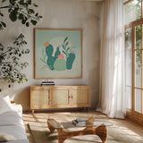 Cactus Garden IV by Gia Graham. Shown in a natural wood frame in a cozy modern living room. Available as an archival giclee rolled canvas, fine art paper, or poster print. SKU 87270a.