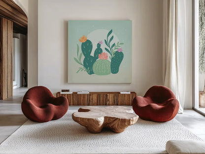 Cactus Garden IV by Gia Graham. Shown as extra-large giant wall art in a modern living room. Available as an archival giclee rolled canvas, fine art paper, or poster print. SKU 87270a.