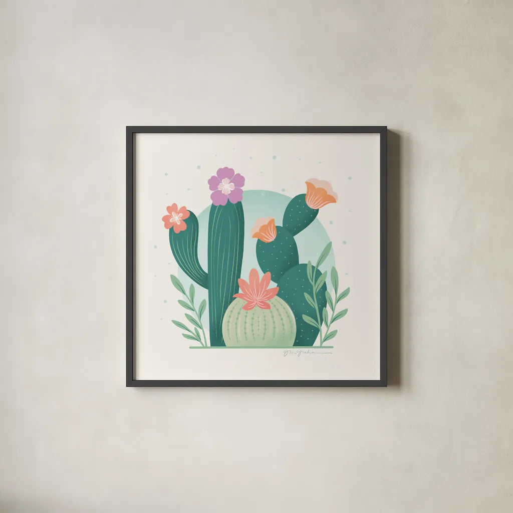 Cactus Garden V by Gia Graham. Shown in a sleek black glass frame for a contemporary gallery look. Available as an archival giclee rolled canvas, fine art paper, or poster print. SKU 87271a.