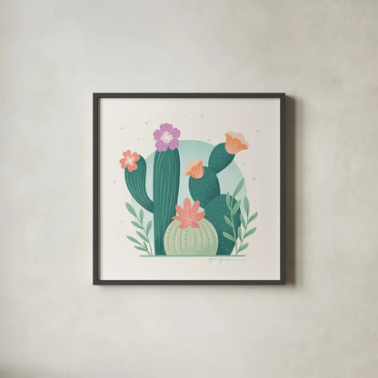 Cactus Garden V by Gia Graham. Shown in a sleek black glass frame for a contemporary gallery look. Available as an archival giclee rolled canvas, fine art paper, or poster print. SKU 87271a.