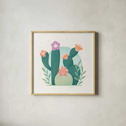 Cactus Garden V by Gia Graham. Shown in a natural wood glass frame for a timeless modern aesthetic. Available as an archival giclee rolled canvas, fine art paper, or poster print. SKU 87271a.
