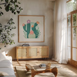 Cactus Garden V by Gia Graham. Shown in a natural wood frame in a cozy modern living room. Available as an archival giclee rolled canvas, fine art paper, or poster print. SKU 87271a.