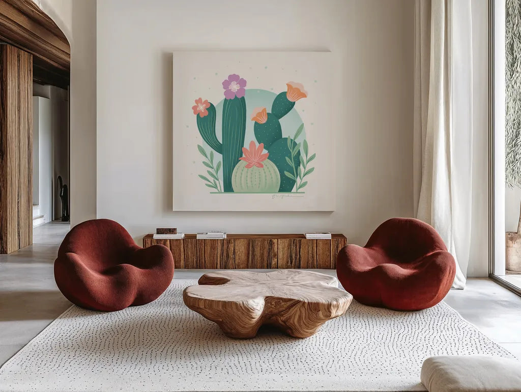 Cactus Garden V by Gia Graham. Shown as extra-large giant wall art in a modern living room. Available as an archival giclee rolled canvas, fine art paper, or poster print. SKU 87271a.