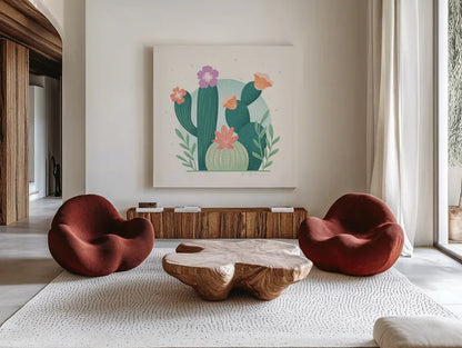 Cactus Garden V by Gia Graham. Shown as extra-large giant wall art in a modern living room. Available as an archival giclee rolled canvas, fine art paper, or poster print. SKU 87271a.