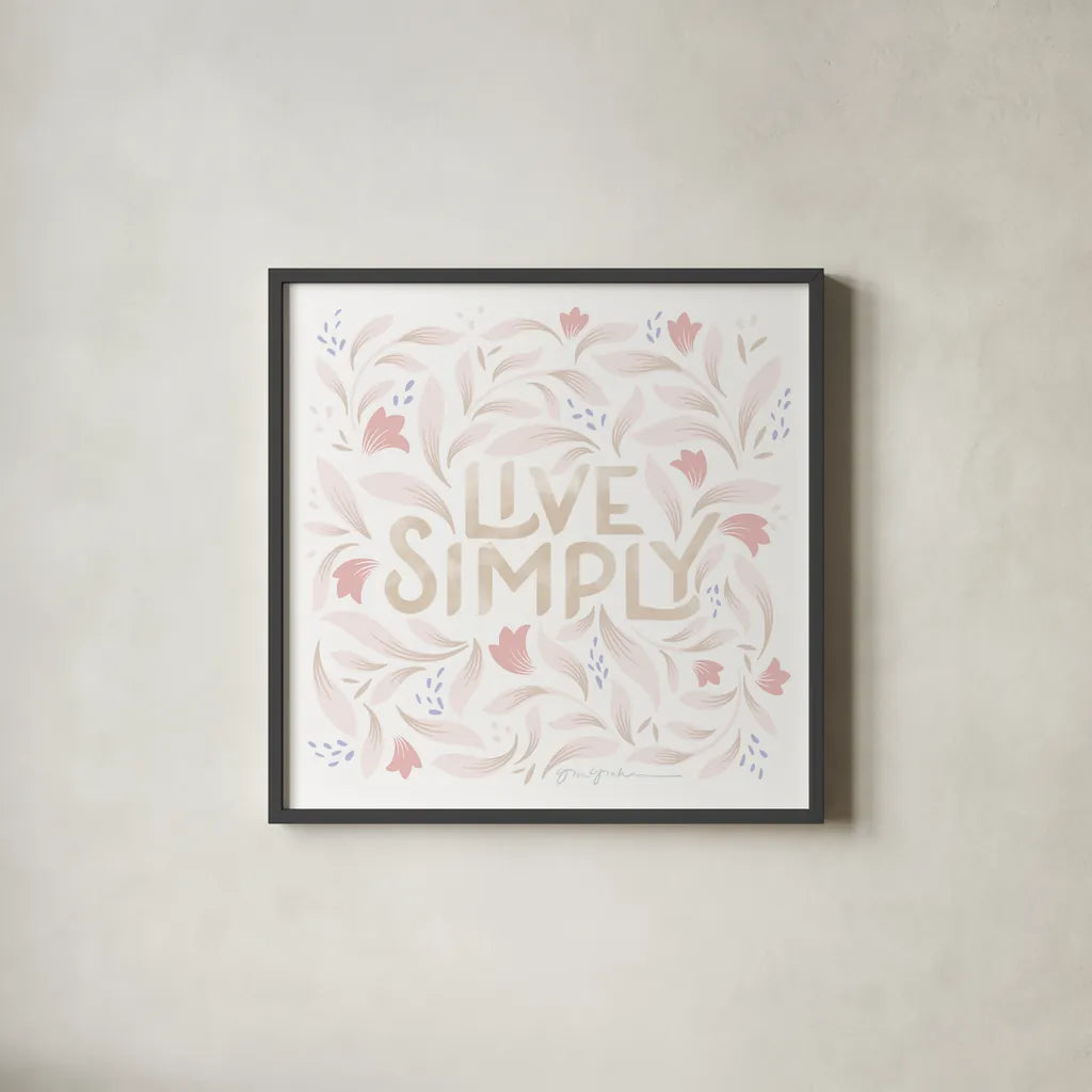 Calm Words I Blush by Gia Graham. Shown in a sleek black glass frame for a contemporary gallery look. Available as an archival giclee rolled canvas, fine art paper, or poster print. SKU 72721a.