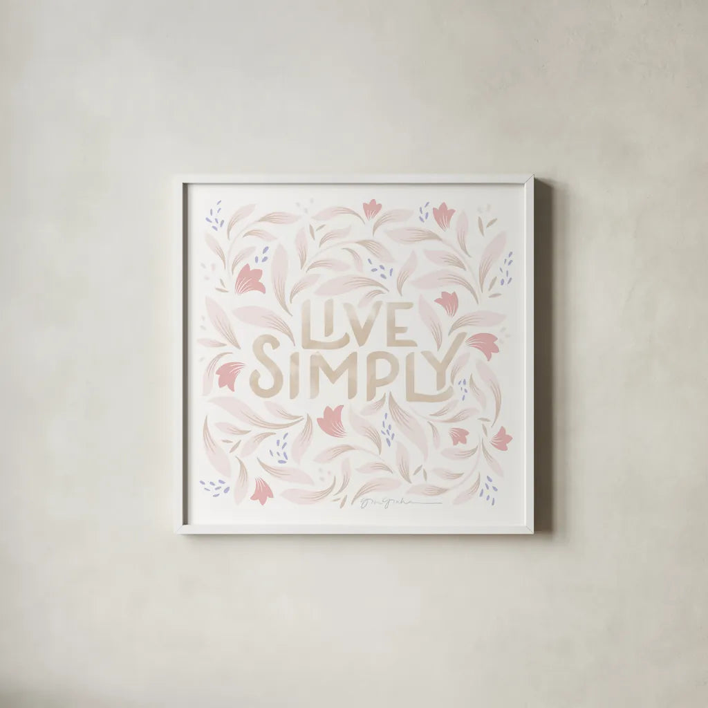 Calm Words I Blush by Gia Graham. Shown in a crisp white glass frame for a clean and minimalist style. Available as an archival giclee rolled canvas, fine art paper, or poster print. SKU 72721a.