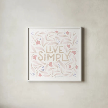 Calm Words I Blush by Gia Graham. Shown in a crisp white glass frame for a clean and minimalist style. Available as an archival giclee rolled canvas, fine art paper, or poster print. SKU 72721a.