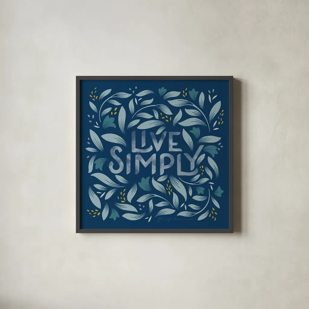 Calm Words I Dark by Gia Graham. Shown in a sleek black glass frame for a contemporary gallery look. Available as an archival giclee rolled canvas, fine art paper, or poster print. SKU 68014a.