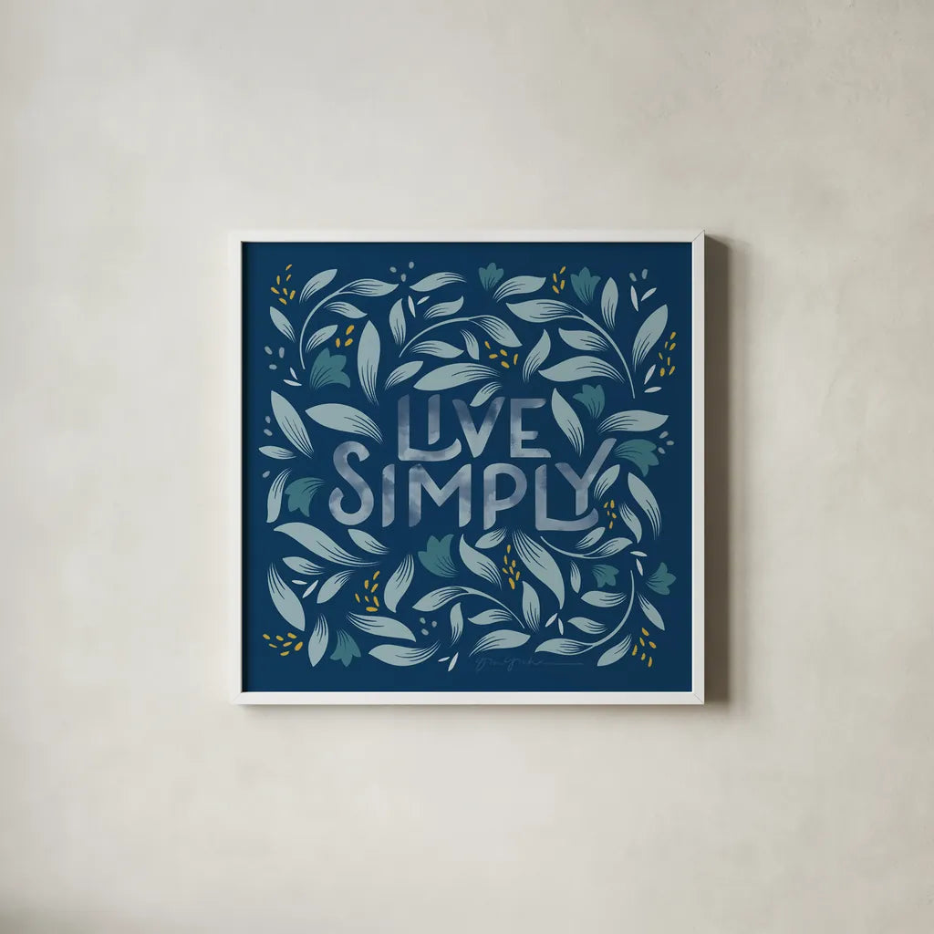 Calm Words I Dark by Gia Graham. Shown in a crisp white glass frame for a clean and minimalist style. Available as an archival giclee rolled canvas, fine art paper, or poster print. SKU 68014a.