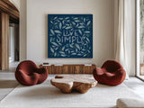 Calm Words I Dark by Gia Graham. Shown as extra-large giant wall art in a modern living room. Available as an archival giclee rolled canvas, fine art paper, or poster print. SKU 68014a.