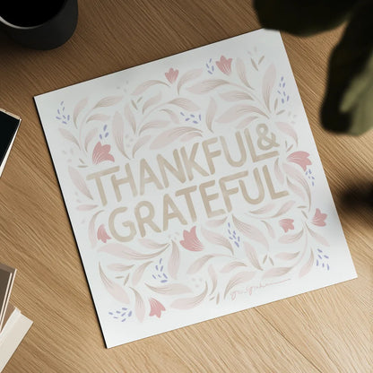 Calm Words I Thankful Blush by Gia Graham. Shown as a detailed flat fine art print, highlighting archival giclee quality. Available as an archival giclee rolled canvas, fine art paper, or poster print. SKU 72735a.