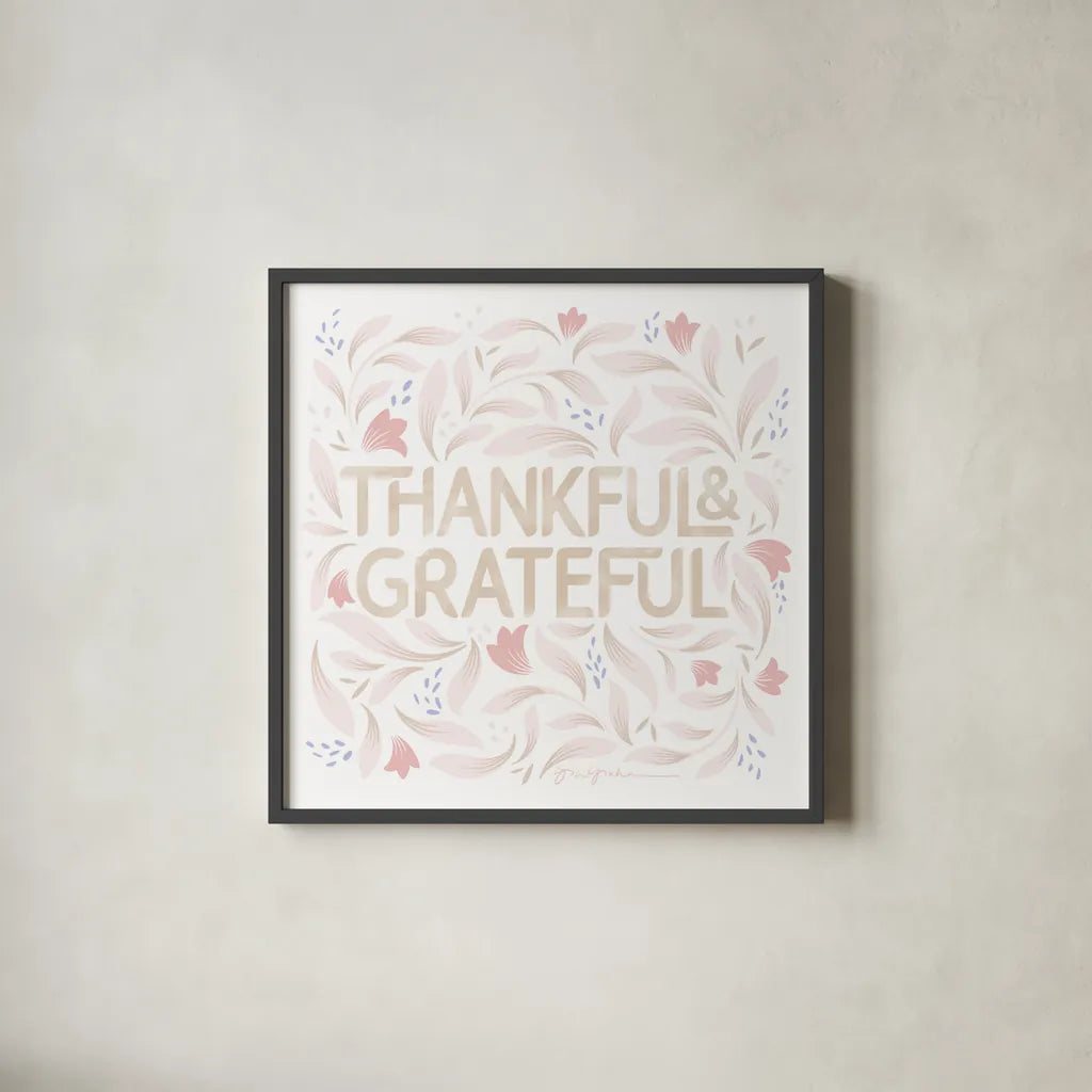 Calm Words I Thankful Blush by Gia Graham. Shown in a sleek black glass frame for a contemporary gallery look. Available as an archival giclee rolled canvas, fine art paper, or poster print. SKU 72735a.