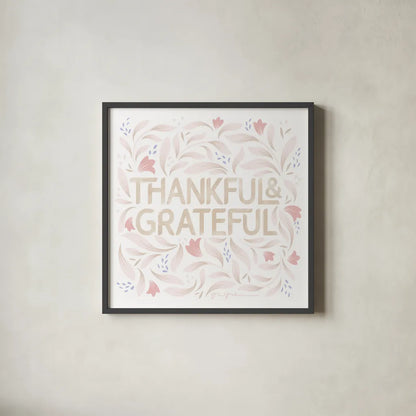 Calm Words I Thankful Blush by Gia Graham. Shown in a sleek black glass frame for a contemporary gallery look. Available as an archival giclee rolled canvas, fine art paper, or poster print. SKU 72735a.