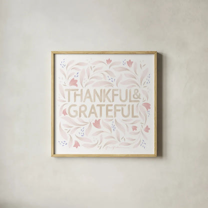 Calm Words I Thankful Blush by Gia Graham. Shown in a natural wood glass frame for a timeless modern aesthetic. Available as an archival giclee rolled canvas, fine art paper, or poster print. SKU 72735a.