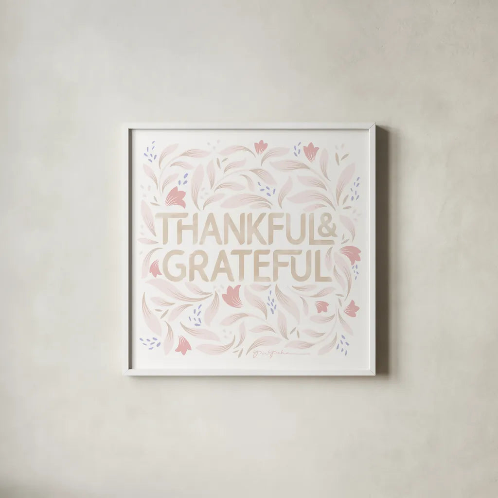Calm Words I Thankful Blush by Gia Graham. Shown in a crisp white glass frame for a clean and minimalist style. Available as an archival giclee rolled canvas, fine art paper, or poster print. SKU 72735a.