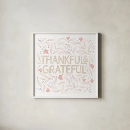 Calm Words I Thankful Blush by Gia Graham. Shown in a crisp white glass frame for a clean and minimalist style. Available as an archival giclee rolled canvas, fine art paper, or poster print. SKU 72735a.