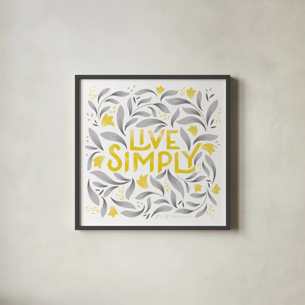 Calm Words I Yellow Gray by Gia Graham. Shown in a sleek black glass frame for a contemporary gallery look. Available as an archival giclee rolled canvas, fine art paper, or poster print. SKU 68681a.