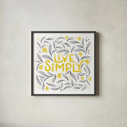 Calm Words I Yellow Gray by Gia Graham. Shown in a sleek black glass frame for a contemporary gallery look. Available as an archival giclee rolled canvas, fine art paper, or poster print. SKU 68681a.