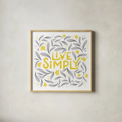 Calm Words I Yellow Gray by Gia Graham. Shown in a natural wood glass frame for a timeless modern aesthetic. Available as an archival giclee rolled canvas, fine art paper, or poster print. SKU 68681a.