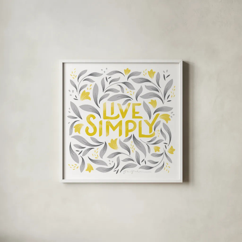Calm Words I Yellow Gray by Gia Graham. Shown in a crisp white glass frame for a clean and minimalist style. Available as an archival giclee rolled canvas, fine art paper, or poster print. SKU 68681a.