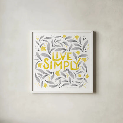 Calm Words I Yellow Gray by Gia Graham. Shown in a crisp white glass frame for a clean and minimalist style. Available as an archival giclee rolled canvas, fine art paper, or poster print. SKU 68681a.