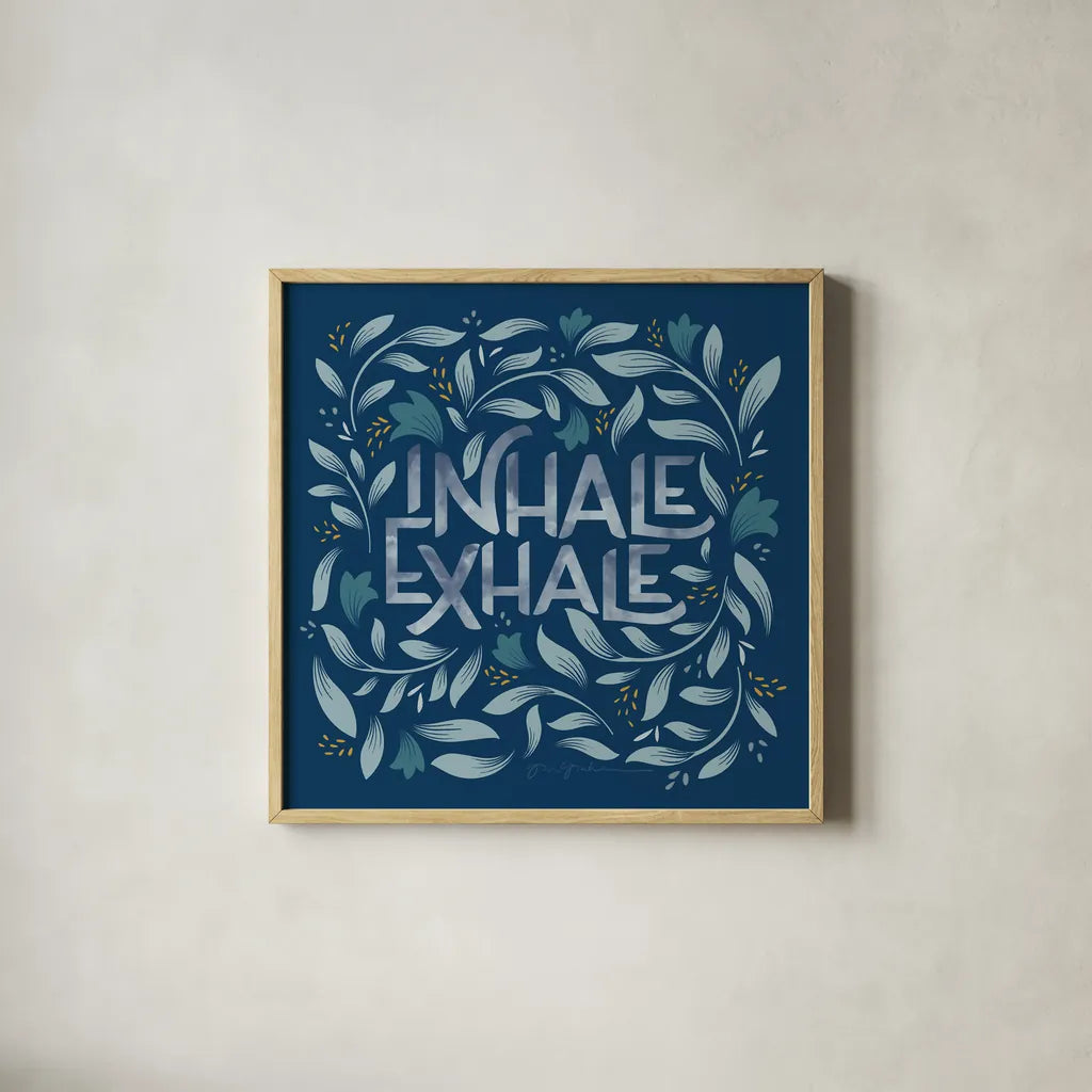 Calm Words II Dark by Gia Graham. Shown in a natural wood glass frame for a timeless modern aesthetic. Available as an archival giclee rolled canvas, fine art paper, or poster print. SKU 68015a.