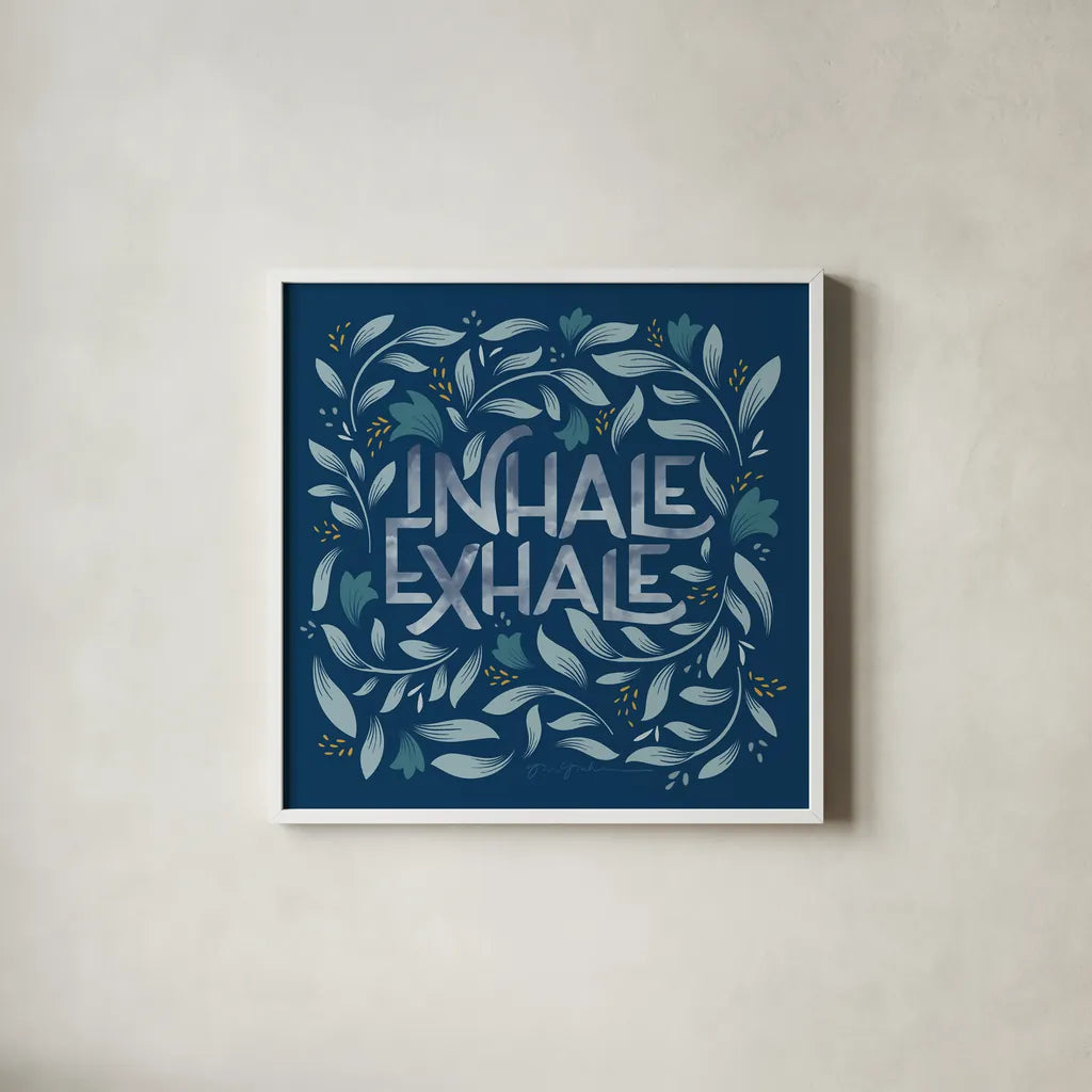 Calm Words II Dark by Gia Graham. Shown in a crisp white glass frame for a clean and minimalist style. Available as an archival giclee rolled canvas, fine art paper, or poster print. SKU 68015a.