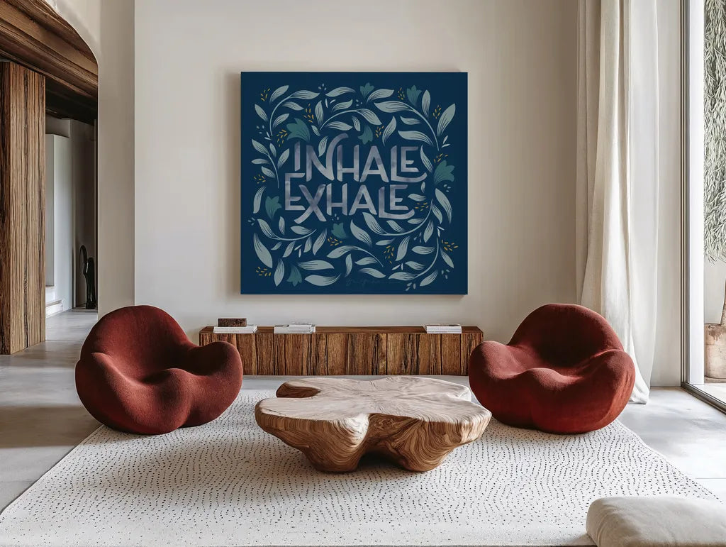 Calm Words II Dark by Gia Graham. Shown as extra-large giant wall art in a modern living room. Available as an archival giclee rolled canvas, fine art paper, or poster print. SKU 68015a.