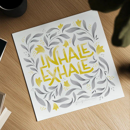 Calm Words II Yellow Gray by Gia Graham. Shown as a detailed flat fine art print, highlighting archival giclee quality. Available as an archival giclee rolled canvas, fine art paper, or poster print. SKU 68682a.