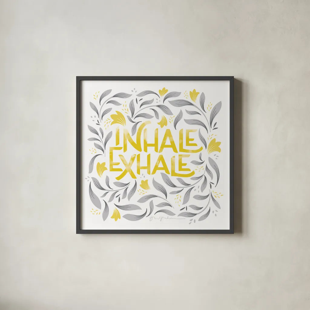 Calm Words II Yellow Gray by Gia Graham. Shown in a sleek black glass frame for a contemporary gallery look. Available as an archival giclee rolled canvas, fine art paper, or poster print. SKU 68682a.