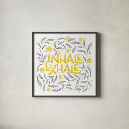 Calm Words II Yellow Gray by Gia Graham. Shown in a sleek black glass frame for a contemporary gallery look. Available as an archival giclee rolled canvas, fine art paper, or poster print. SKU 68682a.