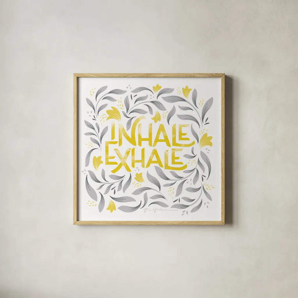 Calm Words II Yellow Gray by Gia Graham. Shown in a natural wood glass frame for a timeless modern aesthetic. Available as an archival giclee rolled canvas, fine art paper, or poster print. SKU 68682a.