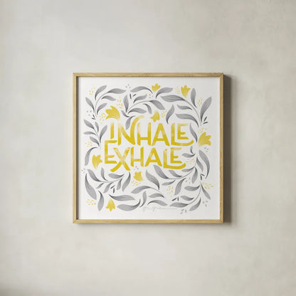 Calm Words II Yellow Gray by Gia Graham. Shown in a natural wood glass frame for a timeless modern aesthetic. Available as an archival giclee rolled canvas, fine art paper, or poster print. SKU 68682a.