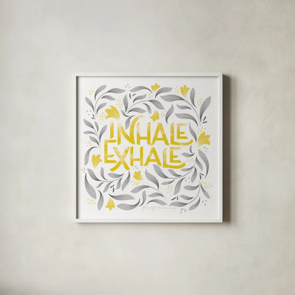 Calm Words II Yellow Gray by Gia Graham. Shown in a crisp white glass frame for a clean and minimalist style. Available as an archival giclee rolled canvas, fine art paper, or poster print. SKU 68682a.