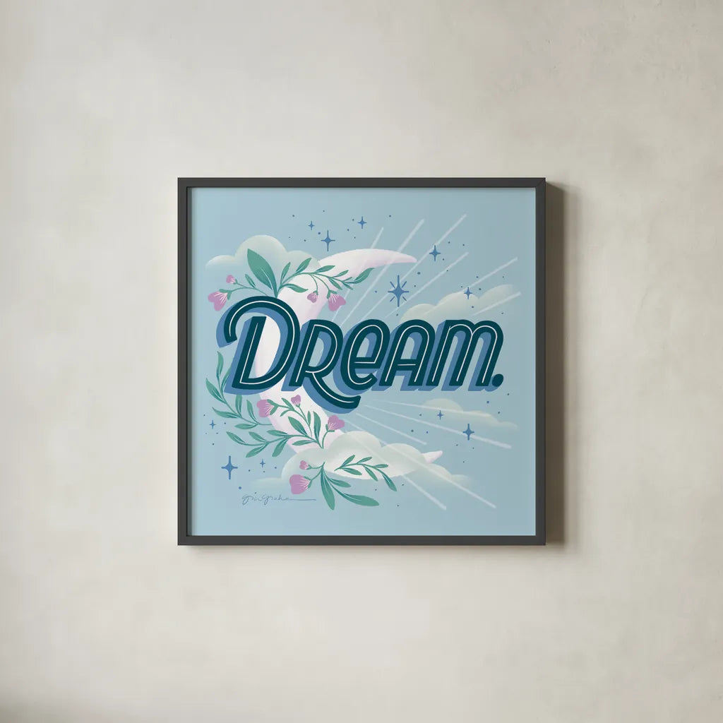 Celestial Dreams I by Gia Graham. Shown in a sleek black glass frame for a contemporary gallery look. Available as an archival giclee rolled canvas, fine art paper, or poster print. SKU 92929a.