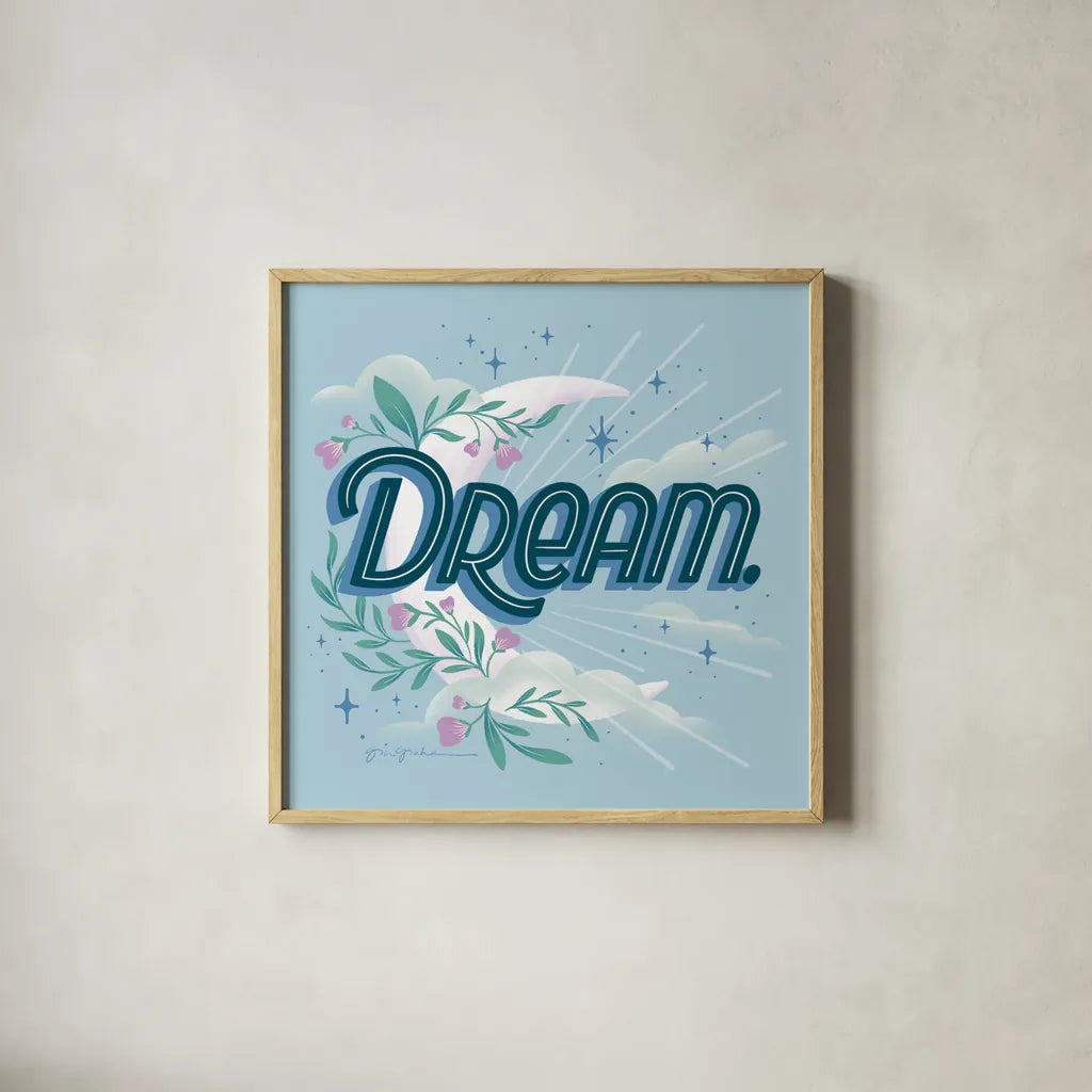 Celestial Dreams I by Gia Graham. Shown in a natural wood glass frame for a timeless modern aesthetic. Available as an archival giclee rolled canvas, fine art paper, or poster print. SKU 92929a.