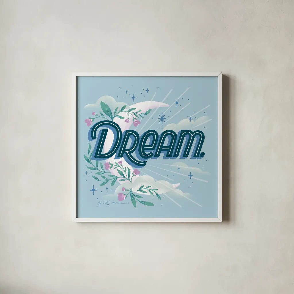 Celestial Dreams I by Gia Graham. Shown in a crisp white glass frame for a clean and minimalist style. Available as an archival giclee rolled canvas, fine art paper, or poster print. SKU 92929a.