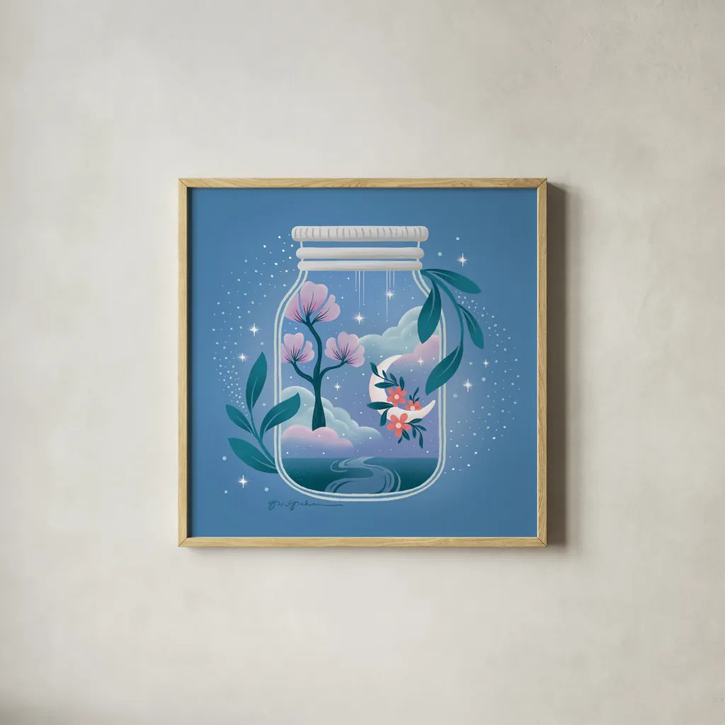 Celestial Dreams II by Gia Graham. Shown in a natural wood glass frame for a timeless modern aesthetic. Available as an archival giclee rolled canvas, fine art paper, or poster print. SKU 92930a.